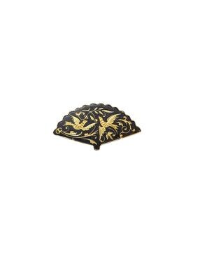 Vintage Damascene Black & Gold Tone/Plated? Enamel Floral Birds Brooch Pin Fan
